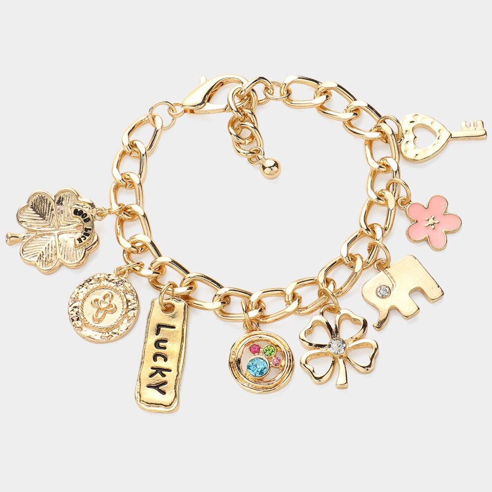 Lucky Charm Bracelet Gold Chain with Elephant, Clover, Key & Flower Charms